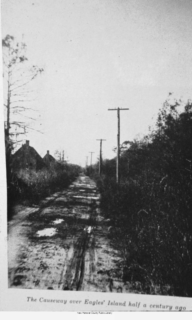 Historic photograph of the narrow, muddy causeway across Eagles Island with utility poles and houses beside the road