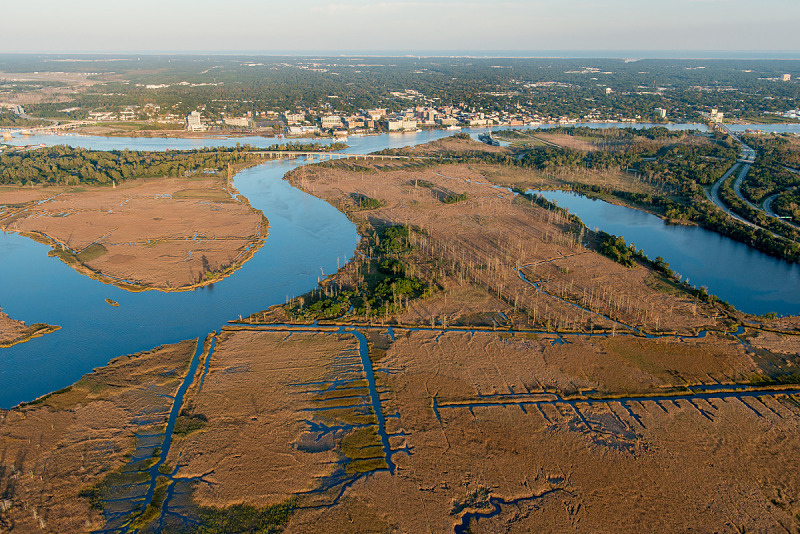 Aerial view of former rice fields, canals, and embankments on Eagles Island with Wilmington beyond